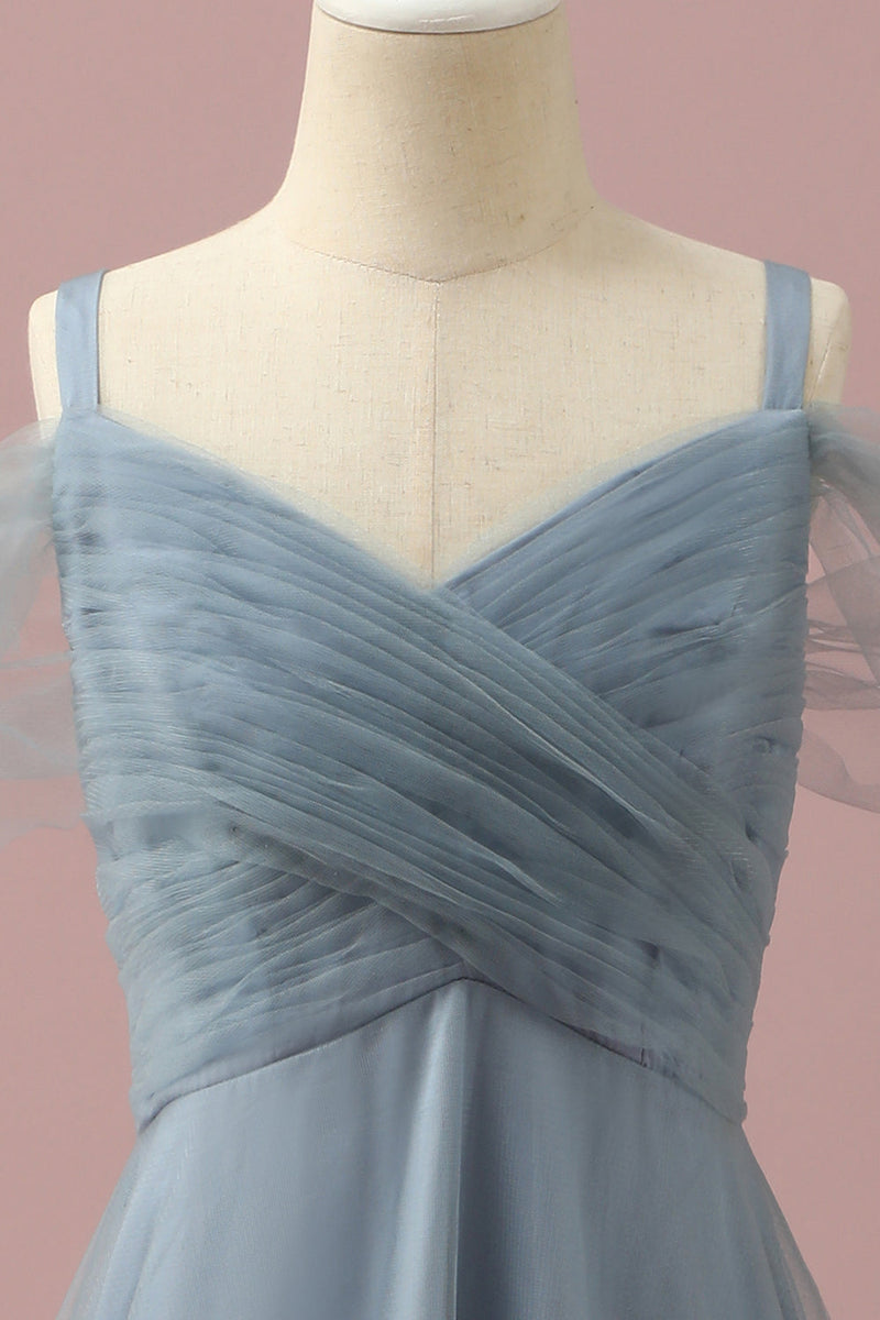 Afbeelding in Gallery-weergave laden, Grijs Blauw Cold Shoulder Tulle Junior Bruidsmeisje Jurk