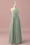 Groene One Shoulder Lace en Chiffon Junior Bruidsmeisje Jurk