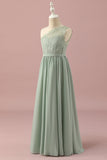 Groene One Shoulder Lace en Chiffon Junior Bruidsmeisje Jurk