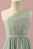 Groene One Shoulder Lace en Chiffon Junior Bruidsmeisje Jurk