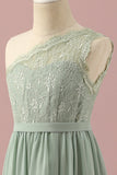 Groene One Shoulder Lace en Chiffon Junior Bruidsmeisje Jurk