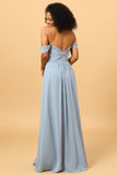 Off Shoulder Chiffon Blauwe Bruidsmeisje Jurk met Spleet