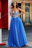 Koningsblauwe A-lijn Sweetheart Broken Mirrors Strapless Korset Lange Galajurk