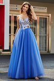 Koningsblauwe A-lijn Sweetheart Broken Mirrors Strapless Korset Lange Galajurk