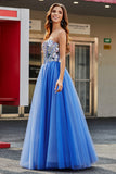 Koningsblauwe A-lijn Sweetheart Broken Mirrors Strapless Korset Lange Galajurk
