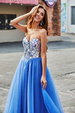 Koningsblauwe A-lijn Sweetheart Broken Mirrors Strapless Korset Lange Galajurk