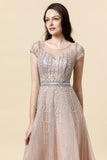 Sparkly Blush Beaded A-Line Tule Formele Jurk