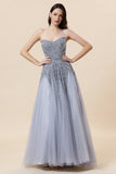 Sparkly Grey Beaded Tulle Sweetheart Lange Galajurk