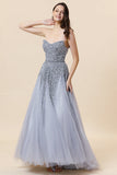 Sparkly Grey Beaded Tulle Sweetheart Lange Galajurk