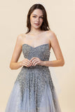 Sparkly Grey Beaded Tulle Sweetheart Lange Galajurk