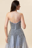 Sparkly Grey Beaded Tulle Sweetheart Lange Galajurk