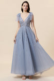 Sparkly Beaded Blue Long Tulle Galajurk