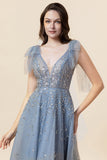 Sparkly Beaded Blue Long Tulle Galajurk