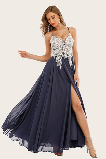 Stoffige blauwe lange Chiffon Prom jurk met kant