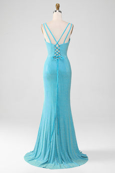Sprankelende Turquoise zeemeermin Spaghetti bandjes lange Prom jurk met kralen