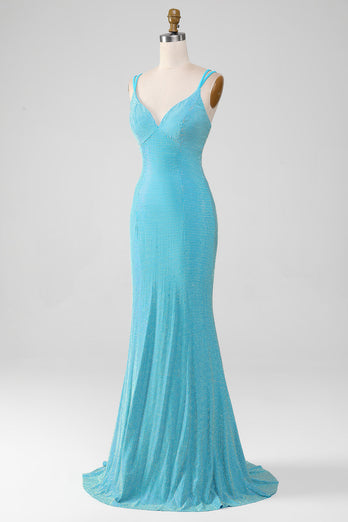 Sprankelende Turquoise zeemeermin Spaghetti bandjes lange Prom jurk met kralen