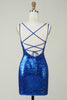 Afbeelding in Gallery-weergave laden, Royal Blue Tight Pailletten Backless Homecoming Jurk