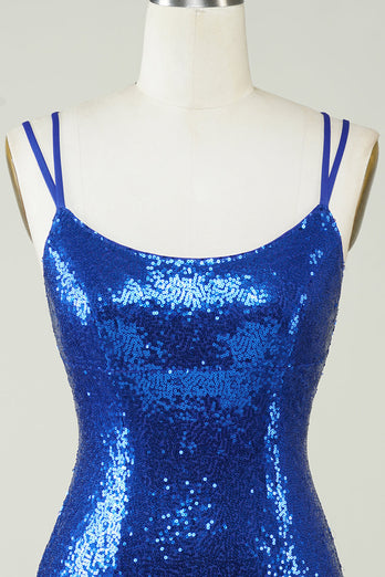 Royal Blue Tight Pailletten Backless Homecoming Jurk