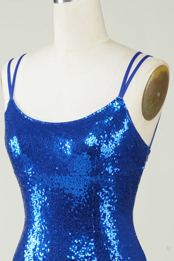 Royal Blue Tight Pailletten Backless Homecoming Jurk