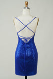 Sprankelende Bodycon Spaghetti Bandjes Royal Blue Pailletten Korte Homecoming Jurk