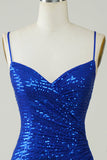 Sprankelende Bodycon Spaghetti Bandjes Royal Blue Pailletten Korte Homecoming Jurk