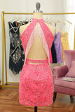 Roze Open Back Halter Lace Strakke Homecoming Jurk