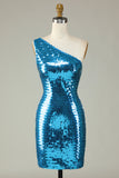 Glitter Royal Blue One Shoulder Pailletten Strakke Hoco Jurk