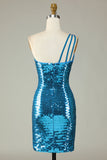 Glitter Royal Blue One Shoulder Pailletten Strakke Hoco Jurk