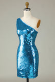 Glitter Royal Blue One Shoulder Pailletten Strakke Hoco Jurk
