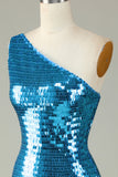 Glitter Royal Blue One Shoulder Pailletten Strakke Hoco Jurk