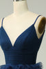 Afbeelding in Gallery-weergave laden, A Line Spaghetti Straps Navy Long Prom Jurk met Ruches