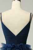 A Line Spaghetti Straps Navy Long Prom Jurk met Ruches