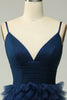 Afbeelding in Gallery-weergave laden, A Line Spaghetti Straps Navy Long Prom Jurk met Ruches