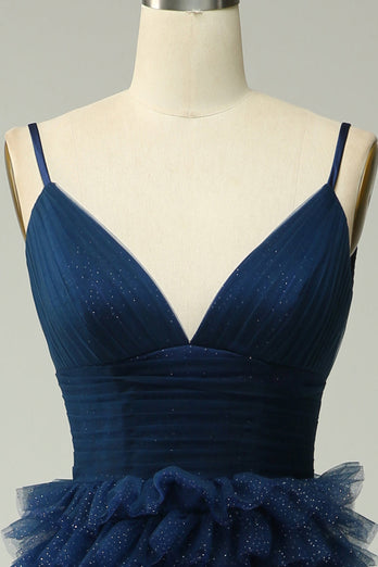 A Line Spaghetti Straps Navy Long Prom Jurk met Ruches