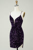 Afbeelding in Gallery-weergave laden, Sprankelende paarse pailletten rugloze strakke korte homecoming jurk met split