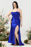 Schede Spaghetti Bandjes Royal Blue Plus Size Galajurk met Split Front