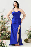 Schede Spaghetti Bandjes Royal Blue Plus Size Galajurk met Split Front