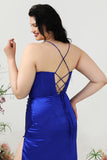 Schede Spaghetti Bandjes Royal Blue Plus Size Galajurk met Split Front