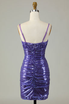 Sprankelende paarse pailletten spaghetti riemen strakke korte homecoming jurk