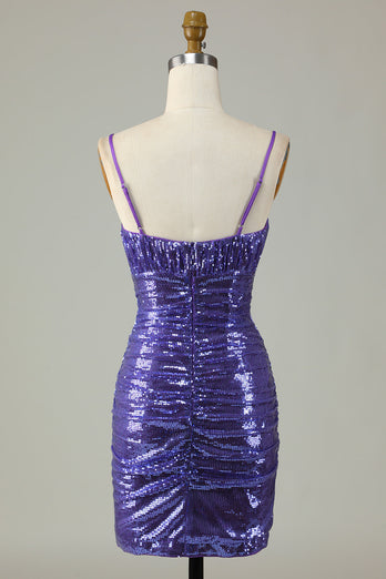 Sprankelende paarse pailletten spaghetti riemen strakke korte homecoming jurk