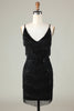 Afbeelding in Gallery-weergave laden, Sprankelende zwarte pailletten kralen strakke korte homecoming jurk met franjes