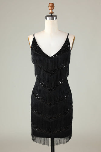 Sprankelende zwarte pailletten kralen strakke korte homecoming jurk met franjes