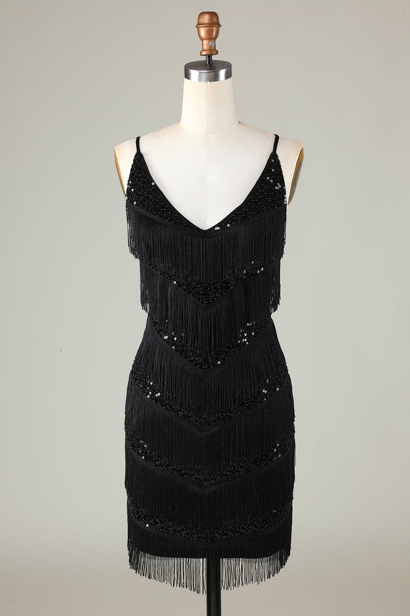 Afbeelding in Gallery-weergave laden, Sprankelende zwarte pailletten kralen strakke korte homecoming jurk met franjes