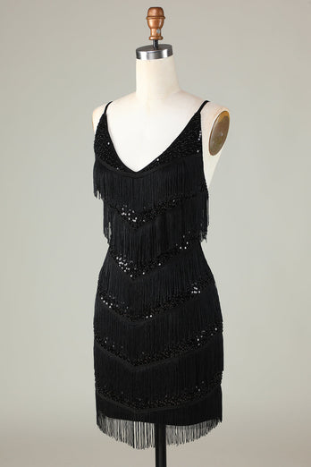 Sprankelende zwarte pailletten kralen strakke korte homecoming jurk met franjes