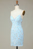 Afbeelding in Gallery-weergave laden, Sprankelende blauwe pailletten kralen bloemen strakke korte homecoming jurk