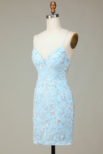 Sprankelende blauwe pailletten kralen bloemen strakke korte homecoming jurk