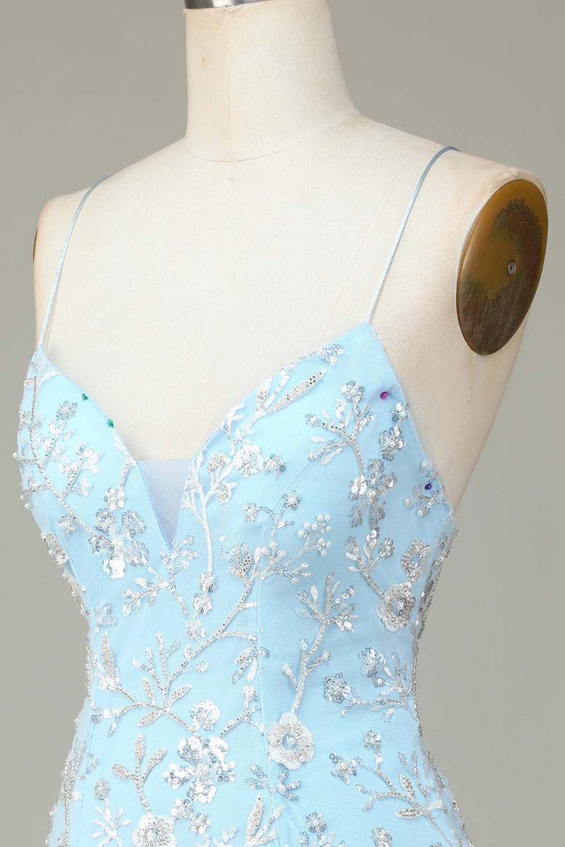 Afbeelding in Gallery-weergave laden, Sprankelende blauwe pailletten kralen bloemen strakke korte homecoming jurk