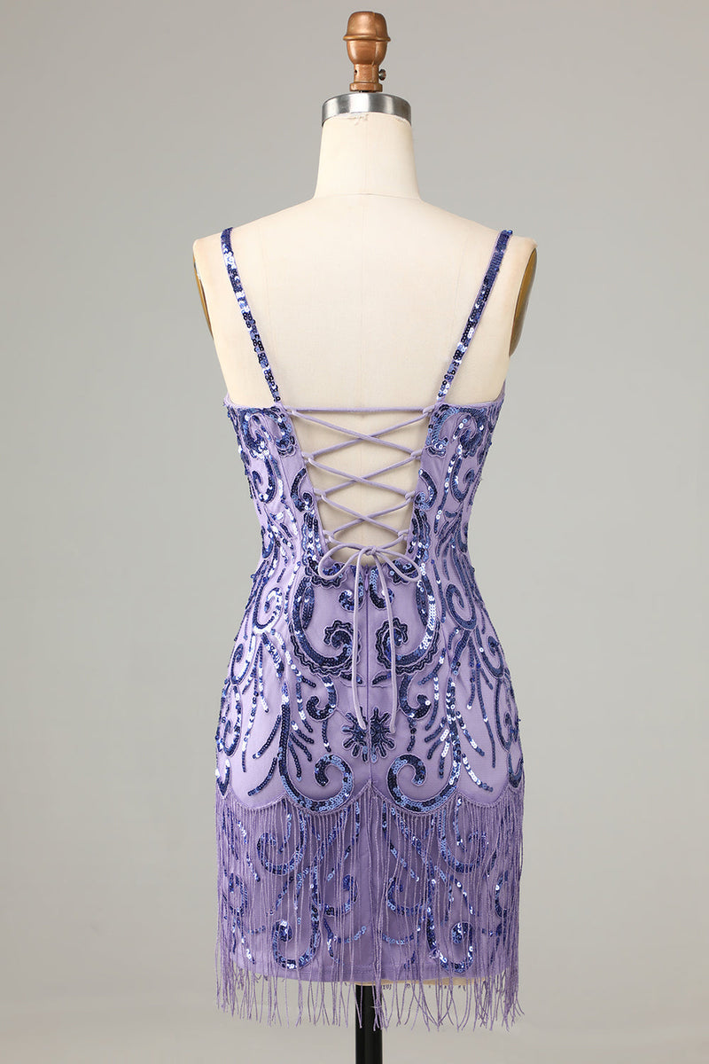 Afbeelding in Gallery-weergave laden, Sprankelende paarse pailletten spaghetti bandjes korte homecoming jurk met franjes