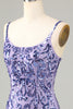 Afbeelding in Gallery-weergave laden, Sprankelende paarse pailletten spaghetti bandjes korte homecoming jurk met franjes