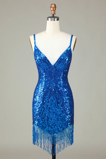 Schede Spaghetti bandjes Pauw blauw pailletten jaren 1920 jurk met kwast